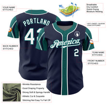 Load image into Gallery viewer, Custom Navy White-Teal 3 Colors Arm Shapes Authentic Baseball Jersey
