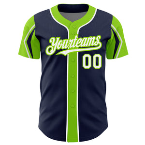 Custom Navy White-Neon Green 3 Colors Arm Shapes Authentic Baseball Jersey