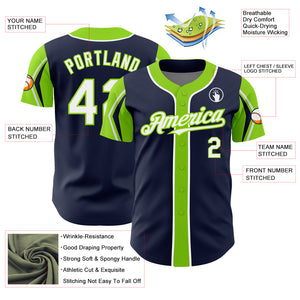 Custom Navy White-Neon Green 3 Colors Arm Shapes Authentic Baseball Jersey