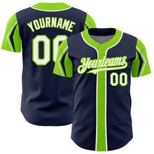 Load image into Gallery viewer, Custom Navy White-Neon Green 3 Colors Arm Shapes Authentic Baseball Jersey

