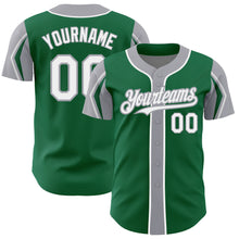 Load image into Gallery viewer, Custom Kelly Green White-Gray 3 Colors Arm Shapes Authentic Baseball Jersey
