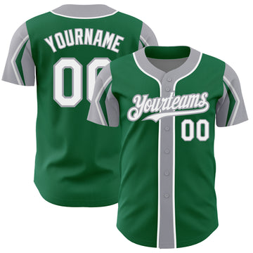 Custom Kelly Green White-Gray 3 Colors Arm Shapes Authentic Baseball Jersey