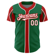 Load image into Gallery viewer, Custom Kelly Green White-Red 3 Colors Arm Shapes Authentic Baseball Jersey
