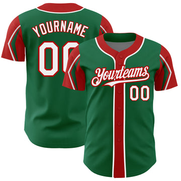 Custom Kelly Green White-Red 3 Colors Arm Shapes Authentic Baseball Jersey