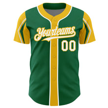 Load image into Gallery viewer, Custom Kelly Green White-Yellow 3 Colors Arm Shapes Authentic Baseball Jersey
