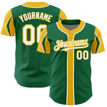 Custom Kelly Green White-Yellow 3 Colors Arm Shapes Authentic Baseball Jersey