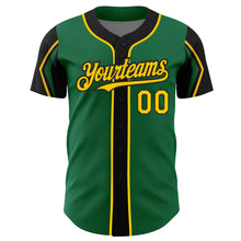 Load image into Gallery viewer, Custom Kelly Green Yellow-Black 3 Colors Arm Shapes Authentic Baseball Jersey
