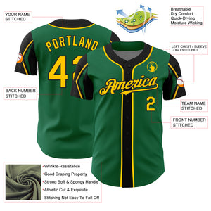 Custom Kelly Green Yellow-Black 3 Colors Arm Shapes Authentic Baseball Jersey