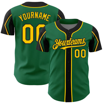 Custom Kelly Green Yellow-Black 3 Colors Arm Shapes Authentic Baseball Jersey