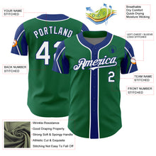 Load image into Gallery viewer, Custom Kelly Green White-Royal 3 Colors Arm Shapes Authentic Baseball Jersey
