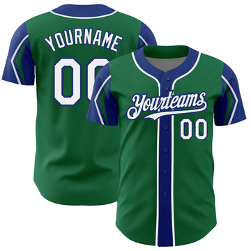 Custom Kelly Green White-Royal 3 Colors Arm Shapes Authentic Baseball Jersey