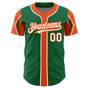 Custom Kelly Green White-Orange 3 Colors Arm Shapes Authentic Baseball Jersey