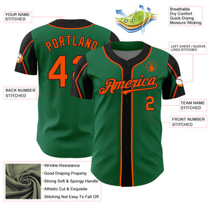 Custom Kelly Green Orange-Black 3 Colors Arm Shapes Authentic Baseball Jersey