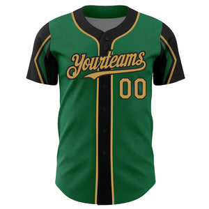 Custom Kelly Green Old Gold-Black 3 Colors Arm Shapes Authentic Baseball Jersey