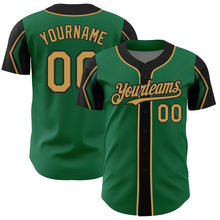 Load image into Gallery viewer, Custom Kelly Green Old Gold-Black 3 Colors Arm Shapes Authentic Baseball Jersey
