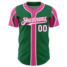 Load image into Gallery viewer, Custom Kelly Green White-Pink 3 Colors Arm Shapes Authentic Baseball Jersey
