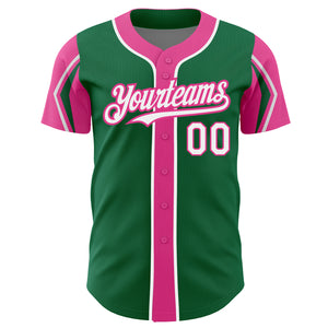 Custom Kelly Green White-Pink 3 Colors Arm Shapes Authentic Baseball Jersey