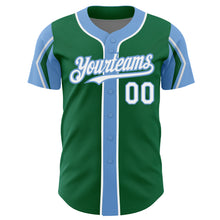 Load image into Gallery viewer, Custom Kelly Green White-Light Blue 3 Colors Arm Shapes Authentic Baseball Jersey
