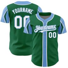 Load image into Gallery viewer, Custom Kelly Green White-Light Blue 3 Colors Arm Shapes Authentic Baseball Jersey
