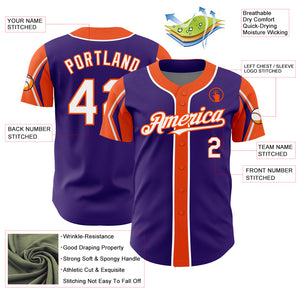 Custom Purple White-Orange 3 Colors Arm Shapes Authentic Baseball Jersey