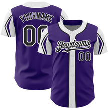 Load image into Gallery viewer, Custom Purple Black-White 3 Colors Arm Shapes Authentic Baseball Jersey
