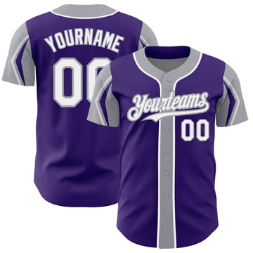 Custom Purple White-Gray 3 Colors Arm Shapes Authentic Baseball Jersey