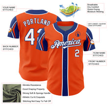 Load image into Gallery viewer, Custom Orange White-Royal 3 Colors Arm Shapes Authentic Baseball Jersey
