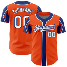 Load image into Gallery viewer, Custom Orange White-Royal 3 Colors Arm Shapes Authentic Baseball Jersey
