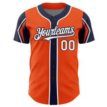 Load image into Gallery viewer, Custom Orange White-Navy 3 Colors Arm Shapes Authentic Baseball Jersey
