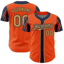 Load image into Gallery viewer, Custom Orange Old Gold-Navy 3 Colors Arm Shapes Authentic Baseball Jersey
