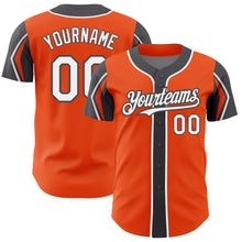 Load image into Gallery viewer, Custom Orange White-Steel Gray 3 Colors Arm Shapes Authentic Baseball Jersey

