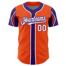 Load image into Gallery viewer, Custom Orange White-Purple 3 Colors Arm Shapes Authentic Baseball Jersey
