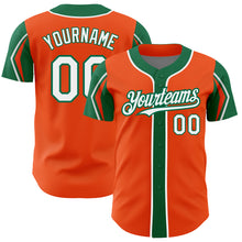 Load image into Gallery viewer, Custom Orange White-Kelly Green 3 Colors Arm Shapes Authentic Baseball Jersey
