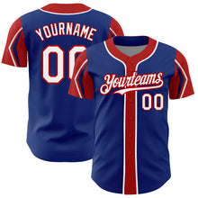 Load image into Gallery viewer, Custom Royal White-Red 3 Colors Arm Shapes Authentic Baseball Jersey
