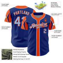 Load image into Gallery viewer, Custom Royal Light Blue-Orange 3 Colors Arm Shapes Authentic Baseball Jersey
