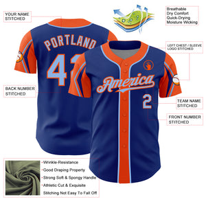 Custom Royal Light Blue-Orange 3 Colors Arm Shapes Authentic Baseball Jersey