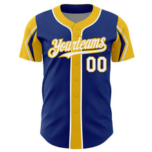 Load image into Gallery viewer, Custom Royal White-Yellow 3 Colors Arm Shapes Authentic Baseball Jersey
