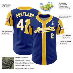 Custom Royal White-Yellow 3 Colors Arm Shapes Authentic Baseball Jersey