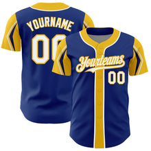 Load image into Gallery viewer, Custom Royal White-Yellow 3 Colors Arm Shapes Authentic Baseball Jersey
