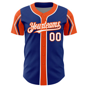 Custom Royal White-Orange 3 Colors Arm Shapes Authentic Baseball Jersey