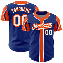 Load image into Gallery viewer, Custom Royal White-Orange 3 Colors Arm Shapes Authentic Baseball Jersey
