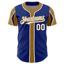 Load image into Gallery viewer, Custom Royal White-Old Gold 3 Colors Arm Shapes Authentic Baseball Jersey
