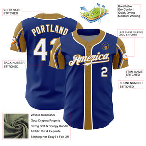 Custom Royal White-Old Gold 3 Colors Arm Shapes Authentic Baseball Jersey