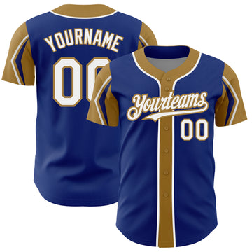 Custom Royal White-Old Gold 3 Colors Arm Shapes Authentic Baseball Jersey