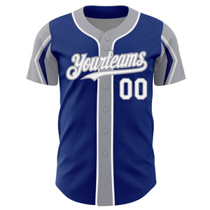 Custom Royal White-Gray 3 Colors Arm Shapes Authentic Baseball Jersey
