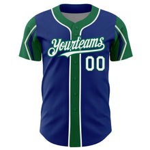 Load image into Gallery viewer, Custom Royal White-Kelly Green 3 Colors Arm Shapes Authentic Baseball Jersey
