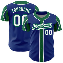 Load image into Gallery viewer, Custom Royal White-Kelly Green 3 Colors Arm Shapes Authentic Baseball Jersey
