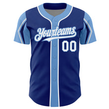 Load image into Gallery viewer, Custom Royal White-Light Blue 3 Colors Arm Shapes Authentic Baseball Jersey
