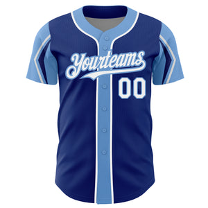 Custom Royal White-Light Blue 3 Colors Arm Shapes Authentic Baseball Jersey