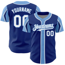 Load image into Gallery viewer, Custom Royal White-Light Blue 3 Colors Arm Shapes Authentic Baseball Jersey
